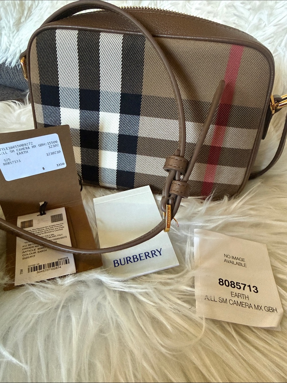 Authentic. Burberry Tan and Beige Nova Check Crossbody with Red Accent